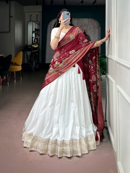 Enduring White Poly Kanjivaram Lehenga with Zari Weaving Border   Kalamkari Dupatta 
