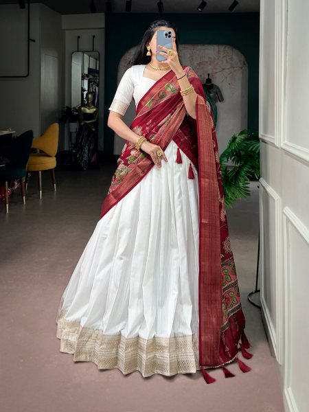 Enduring White Poly Kanjivaram Lehenga with Zari Weaving Border   Kalamkari Dupatta Half Saree Lehenga