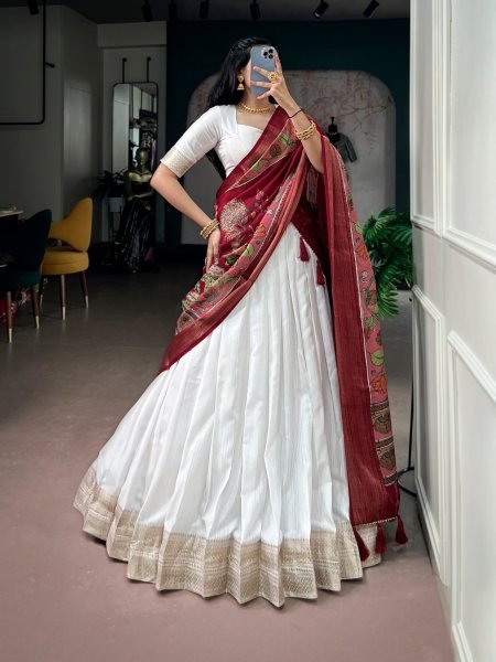 Enduring White Poly Kanjivaram Lehenga with Zari Weaving Border   Kalamkari Dupatta Half Saree Lehenga