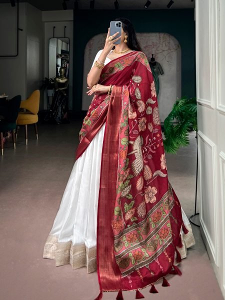 Enduring White Poly Kanjivaram Lehenga with Zari Weaving Border   Kalamkari Dupatta Half Saree Lehenga