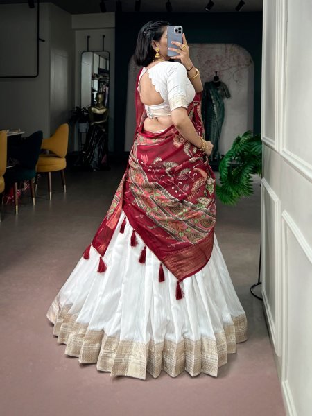 Enduring White Poly Kanjivaram Lehenga with Zari Weaving Border   Kalamkari Dupatta Half Saree Lehenga