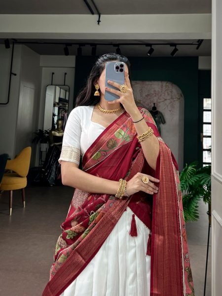 Enduring White Poly Kanjivaram Lehenga with Zari Weaving Border   Kalamkari Dupatta Half Saree Lehenga