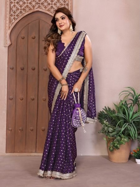 Enduring Wine Purple Designer Fendi Satin Silk Saree with Foil Print and Lace Border 