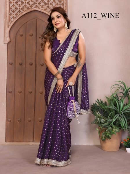 Enduring Wine Purple Designer Fendi Satin Silk Saree with Foil Print and Lace Border Silk Sarees Wholesale