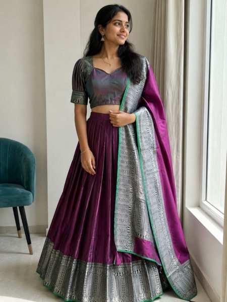 Enduring Wine Wedding Silk Lehenga Choli with Fully Stitched Designer Blouse Half Saree Lehenga