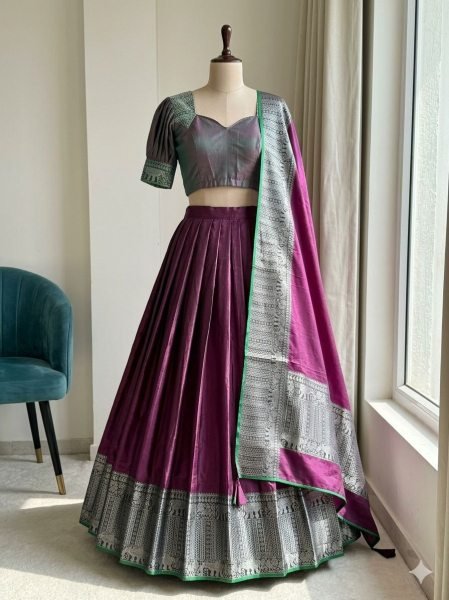 Enduring Wine Wedding Silk Lehenga Choli with Fully Stitched Designer Blouse Half Saree Lehenga