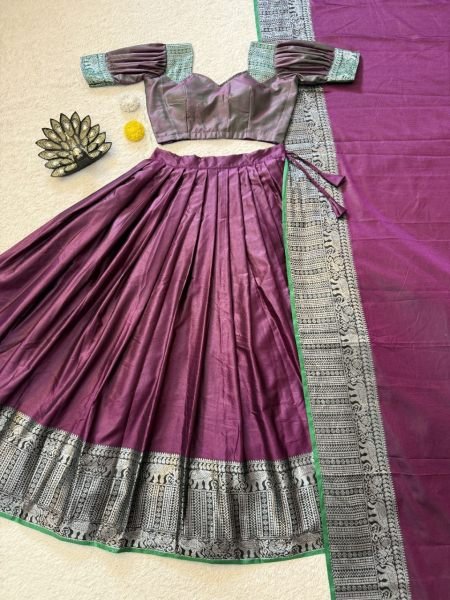Enduring Wine Wedding Silk Lehenga Choli with Fully Stitched Designer Blouse Half Saree Lehenga