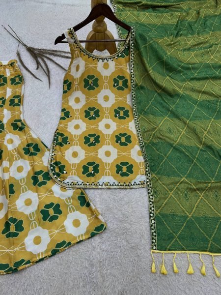 Enduring Yellow Festival Wear Pure Chinon Silk Kurti Palazzo Set with Designer Dupatta Ready To Wear Collection