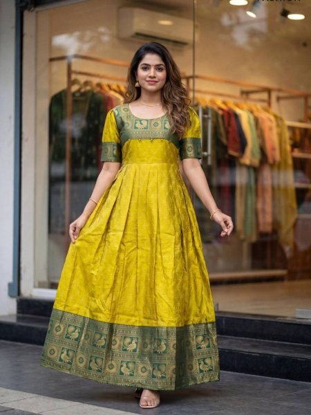 Enduring Yellow Lichi Silk Jacquard Gown for Festive and Party Wear Anarkali Kurtis 