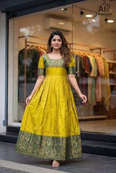 Enduring Yellow Lichi Silk Jacquard Gown for Festive and Party Wear Anarkali Kurtis 