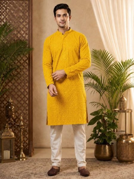 Enduring Yellow Rayon Chikankari Schiffli Long Kurta Pajama Set for Men 
