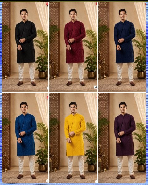 Enduring Yellow Rayon Chikankari Schiffli Long Kurta Pajama Set for Men Kurta Pajama Wholesale