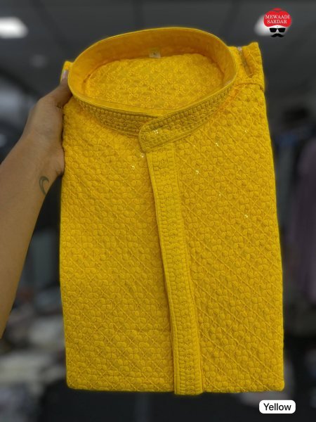 Enduring Yellow Rayon Chikankari Schiffli Long Kurta Pajama Set for Men Kurta Pajama Wholesale