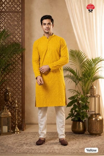 Enduring Yellow Rayon Chikankari Schiffli Long Kurta Pajama Set for Men Kurta Pajama Wholesale