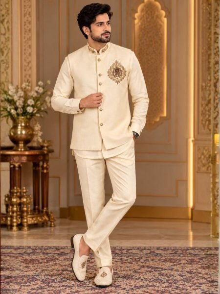 Engagement Wear Cream Men’s Linen Koti Shirt Polo Pant Set for Royal Look 