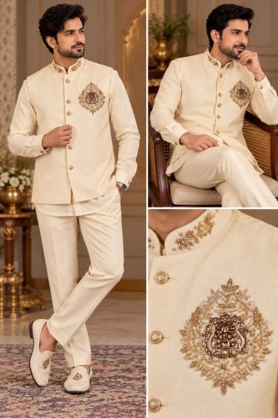 Engagement Wear Cream Men’s Linen Koti Shirt Polo Pant Set for Royal Look Mens Shirt
