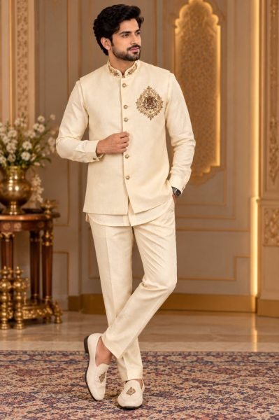 Engagement Wear Cream Men’s Linen Koti Shirt Polo Pant Set for Royal Look Mens Shirt