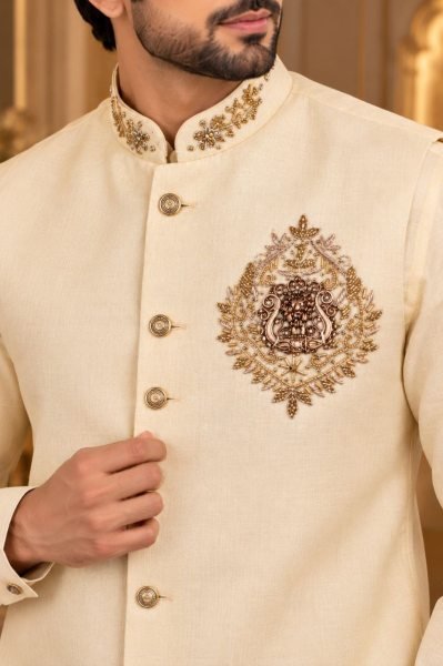 Engagement Wear Cream Men’s Linen Koti Shirt Polo Pant Set for Royal Look Mens Shirt