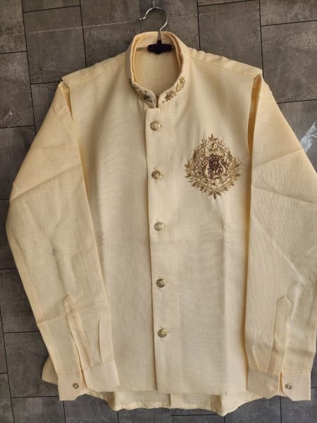 Engagement Wear Cream Men’s Linen Koti Shirt Polo Pant Set for Royal Look Mens Shirt