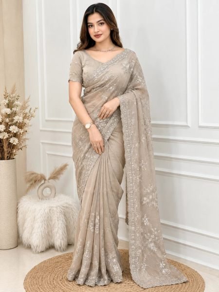 Ergonomic Beige Festive Wear Shimmer Silk Saree with Full Body Sequin Embroidery Work 