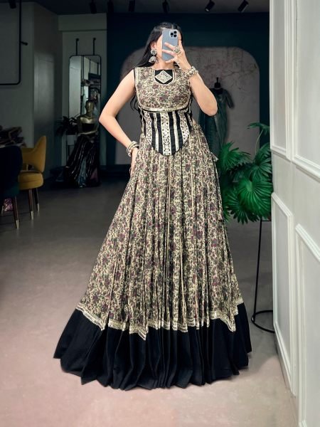 Ergonomic Black Chanderi Cotton Navratri Lehenga with 8 Meter Flair at Wholesale Rate Wholesale Lehengas Suppliers in Canada