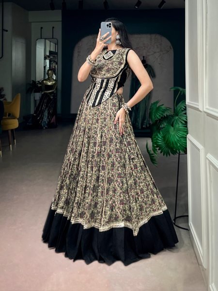 Ergonomic Black Chanderi Cotton Navratri Lehenga with 8 Meter Flair at Wholesale Rate Navratri Lehnega Choli