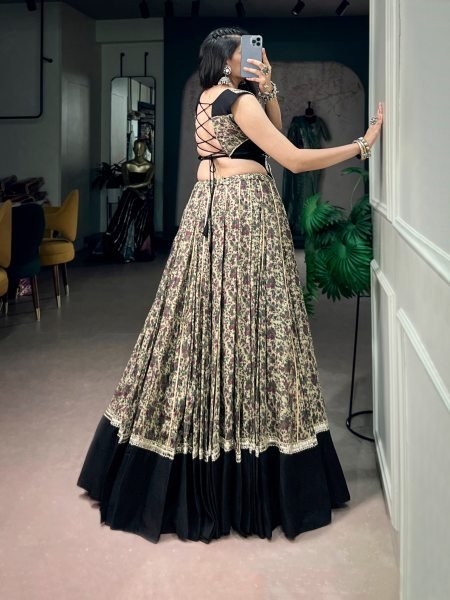 Ergonomic Black Chanderi Cotton Navratri Lehenga with 8 Meter Flair at Wholesale Rate Navratri Lehnega Choli