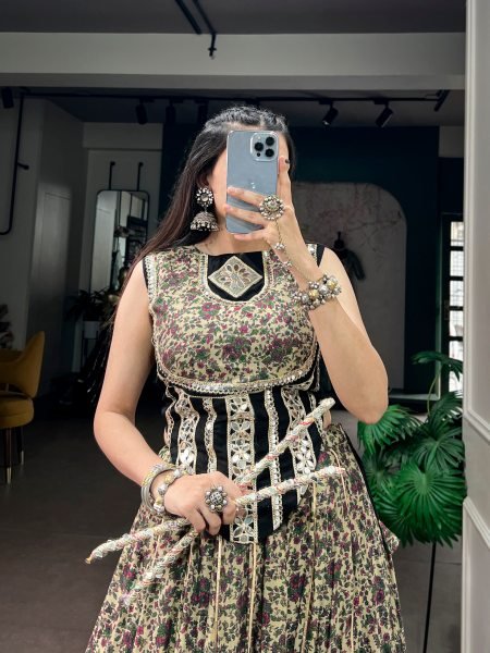 Ergonomic Black Chanderi Cotton Navratri Lehenga with 8 Meter Flair at Wholesale Rate Navratri Lehnega Choli