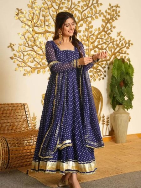 Ergonomic Blue Georgette Digital Printed Anarkali Suit with Gotta Patti Lace For Women 