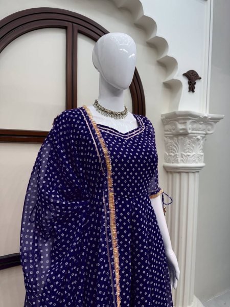 Ergonomic Blue Georgette Digital Printed Anarkali Suit with Gotta Patti Lace For Women Ready To Wear Collection