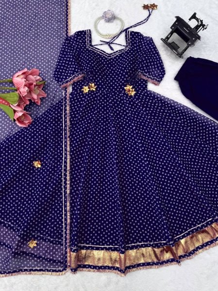 Ergonomic Blue Georgette Digital Printed Anarkali Suit with Gotta Patti Lace For Women Ready To Wear Collection