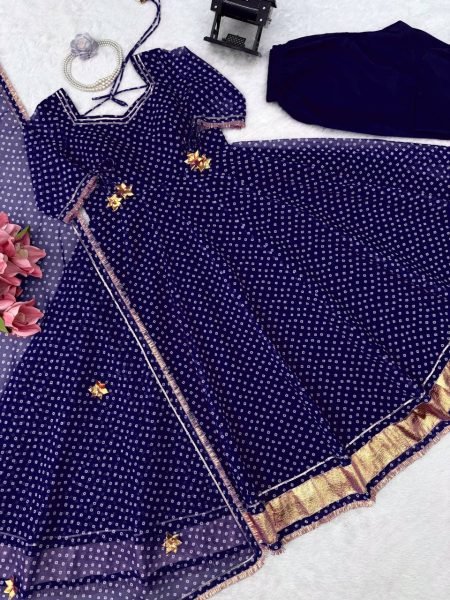 Ergonomic Blue Georgette Digital Printed Anarkali Suit with Gotta Patti Lace For Women Ready To Wear Collection