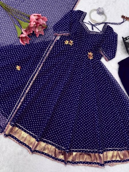 Ergonomic Blue Georgette Digital Printed Anarkali Suit with Gotta Patti Lace For Women Ready To Wear Collection