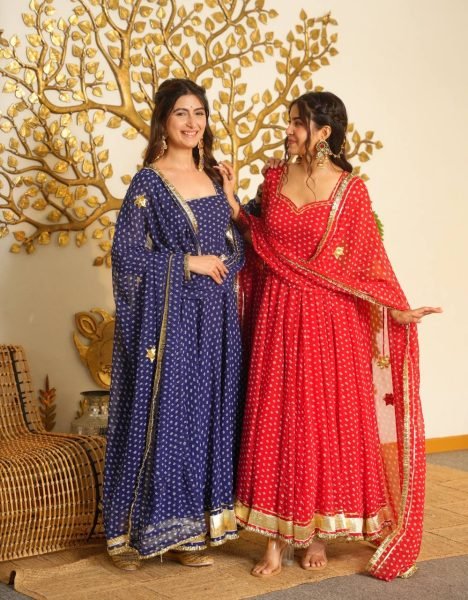 Ergonomic Blue Georgette Digital Printed Anarkali Suit with Gotta Patti Lace For Women Ready To Wear Collection