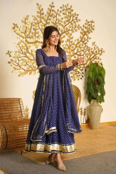 Ergonomic Blue Georgette Digital Printed Anarkali Suit with Gotta Patti Lace For Women Ready To Wear Collection