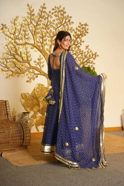 Ergonomic Blue Georgette Digital Printed Anarkali Suit with Gotta Patti Lace For Women Ready To Wear Collection