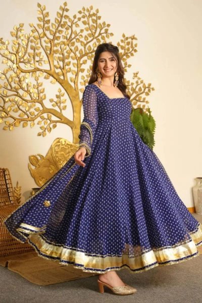 Ergonomic Blue Georgette Digital Printed Anarkali Suit with Gotta Patti Lace For Women Ready To Wear Collection