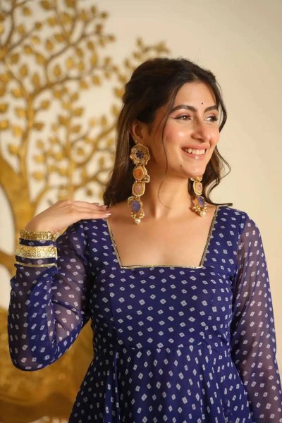 Ergonomic Blue Georgette Digital Printed Anarkali Suit with Gotta Patti Lace For Women Ready To Wear Collection