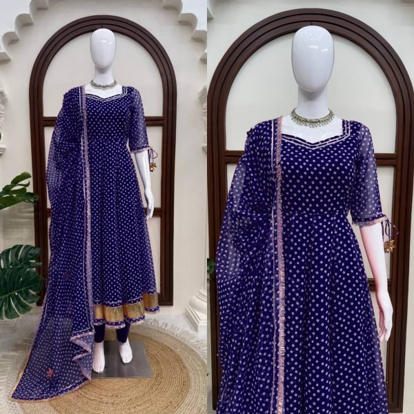 Ergonomic Blue Georgette Digital Printed Anarkali Suit with Gotta Patti Lace For Women Ready To Wear Collection
