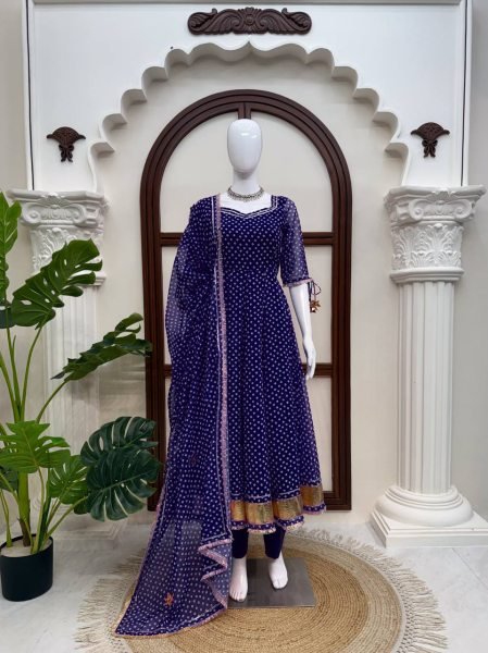 Ergonomic Blue Georgette Digital Printed Anarkali Suit with Gotta Patti Lace For Women Ready To Wear Collection