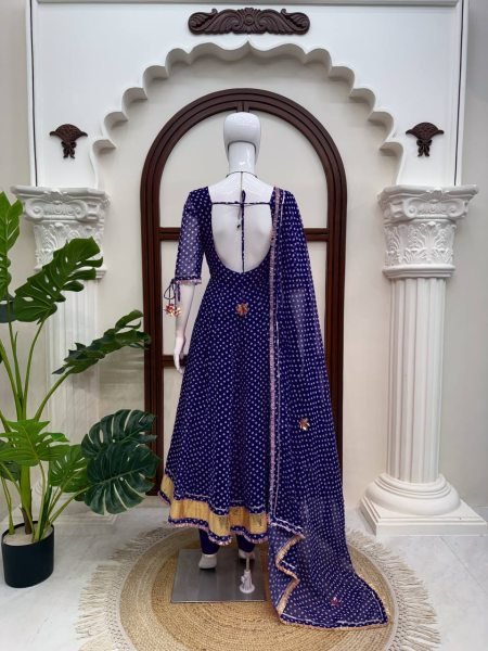 Ergonomic Blue Georgette Digital Printed Anarkali Suit with Gotta Patti Lace For Women Ready To Wear Collection