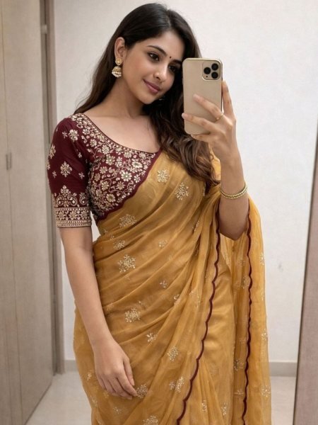 Ergonomic Golden Rangoli Tissue Saree with Multi Embroidery Work for Party Wear Sarees 