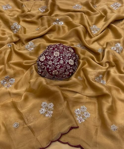 Ergonomic Golden Rangoli Tissue Saree with Multi Embroidery Work for Party Wear Silk Sarees Wholesale