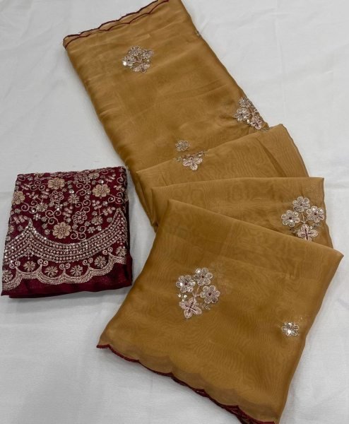 Ergonomic Golden Rangoli Tissue Saree with Multi Embroidery Work for Party Wear Silk Sarees Wholesale