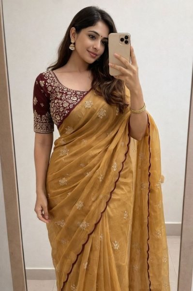 Ergonomic Golden Rangoli Tissue Saree with Multi Embroidery Work for Party Wear Silk Sarees Wholesale