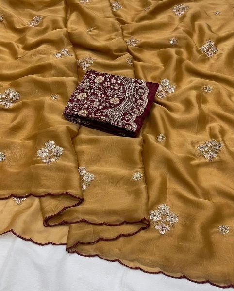Ergonomic Golden Rangoli Tissue Saree with Multi Embroidery Work for Party Wear Silk Sarees Wholesale