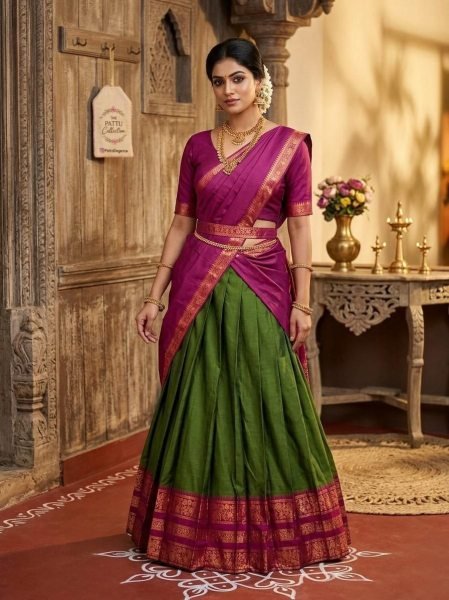 Ergonomic Green Cotton Silk Half Saree with Waist Belt for Festive Celebrations Half Saree Lehenga