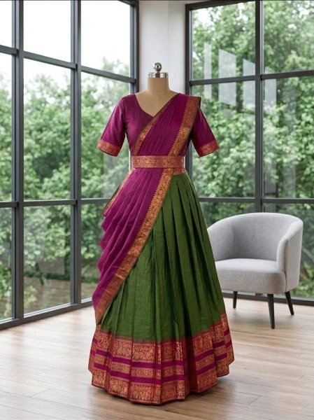 Ergonomic Green Cotton Silk Half Saree with Waist Belt for Festive Celebrations Half Saree Lehenga