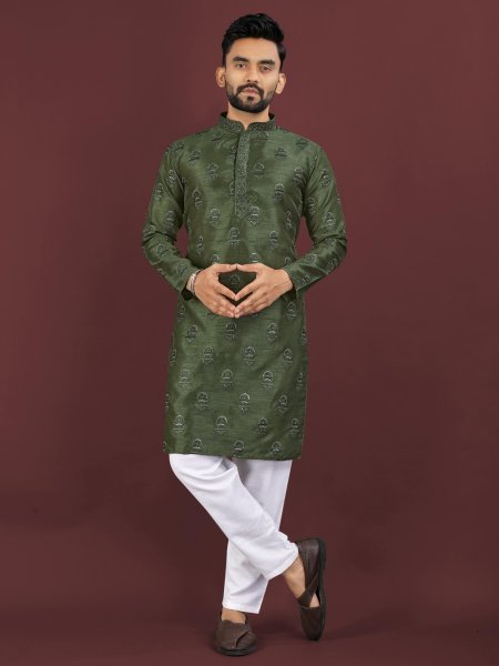 Ergonomic Green Designer Men Banglory Silk Kurta with Sequin Work for Festival Kurta Pajama Wholesale