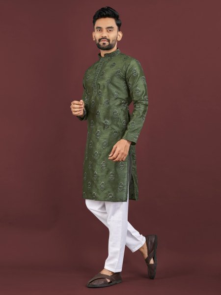 Ergonomic Green Designer Men Banglory Silk Kurta with Sequin Work for Festival Kurta Pajama Wholesale